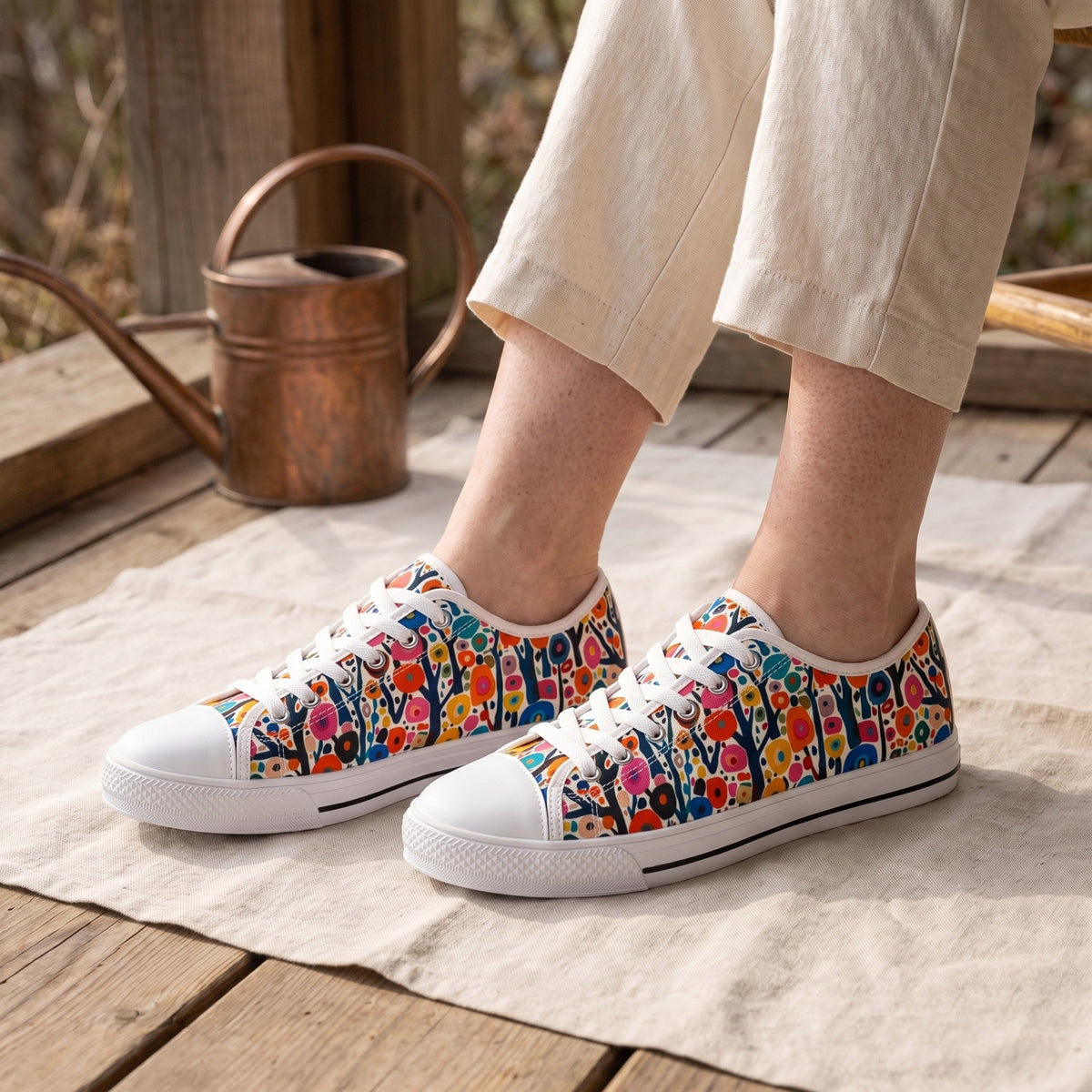 Poppy Forest Ladies' Low Top Sneakers — Flower-farm picnic shelter; worn wood boards, plain linen blanket, copper watering can in background