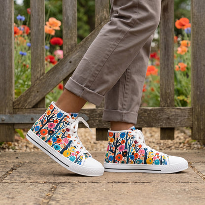Poppy Forest Ladies' High Top Sneakers — Country garden gate; warm gravel-free flat paving, poppies softly behind, old oak gate
