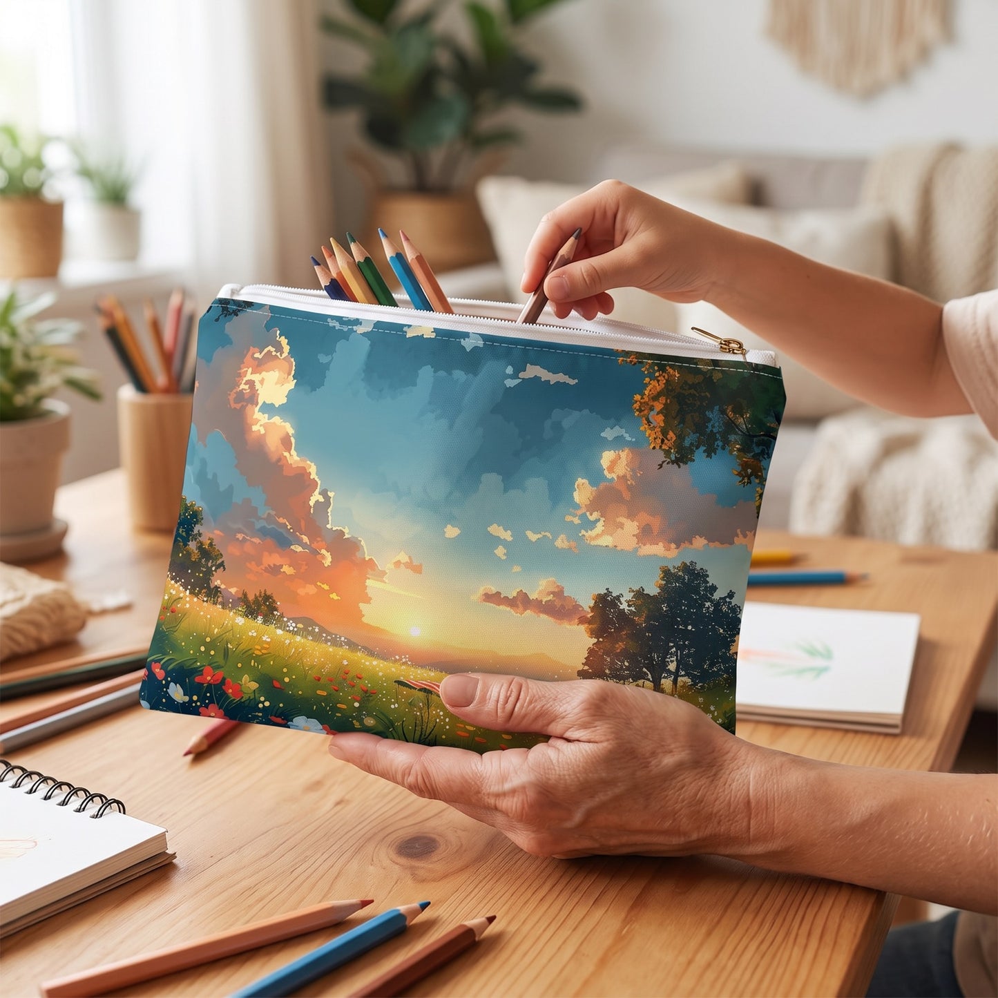 Large Meadow Picnic accessory pouch (11.81 × 8.35 inches) in use: parent supports pouch while a school-age child's hand chooses a colored pencil; adult provides scale. Lifestyle mockup with hands showing scale.