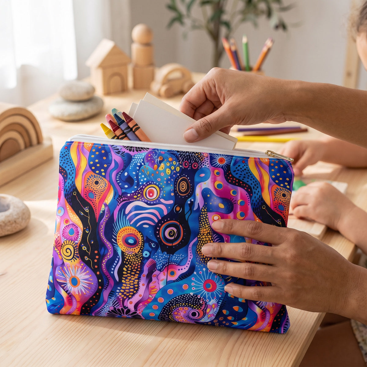 Large Purple Craziness accessory pouch (11.81 × 8.35 inches) in use: adult packs a small set of crayons and blank note cards into pouch with child softly behind. Lifestyle mockup with hands showing scale.