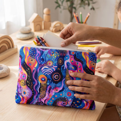 Large Purple Craziness accessory pouch (11.81 × 8.35 inches) in use: adult packs a small set of crayons and blank note cards into pouch with child softly behind. Lifestyle mockup with hands showing scale.