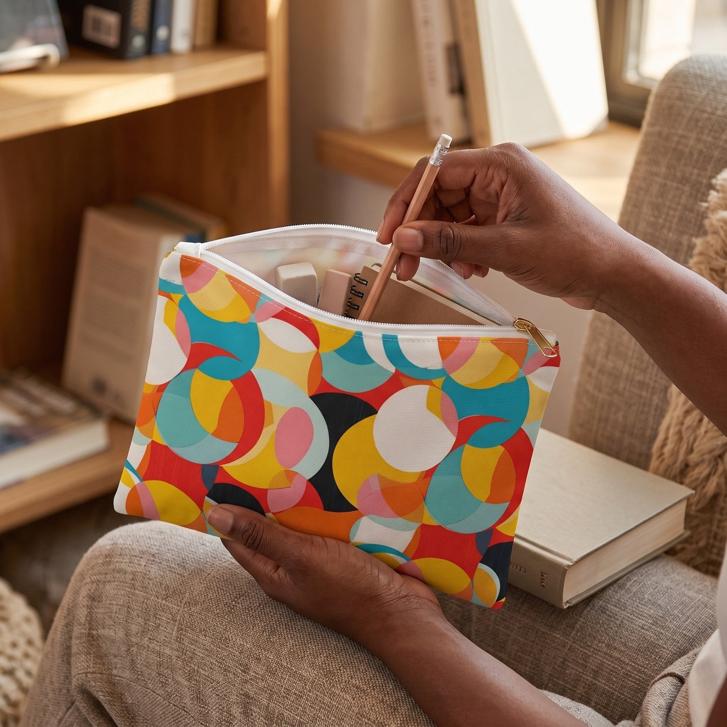 Small Mod Circle Medley accessory pouch (8.35 × 5.98 inches) in use: woman pulls a pencil from pouch on her lap beside a closed novel. Lifestyle mockup with hands showing scale.