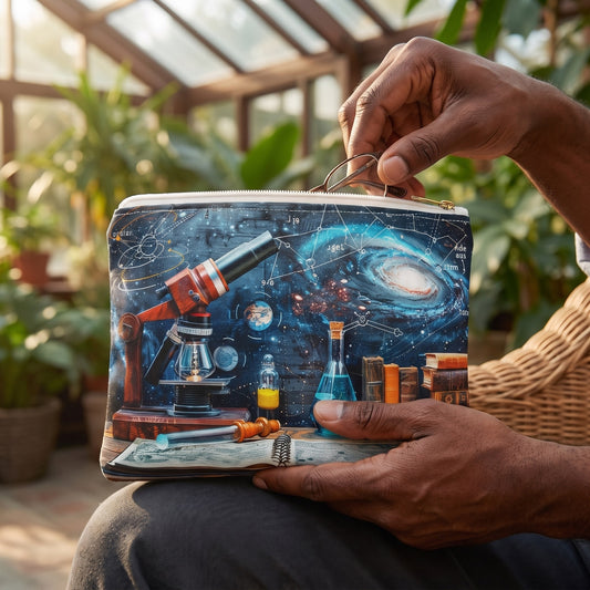 Small Intro to Basic Science accessory pouch (8.35 × 5.98 inches) in use: older man's hand reaches for reading glasses from gently filled pouch on his knee. Lifestyle mockup with hands showing scale.