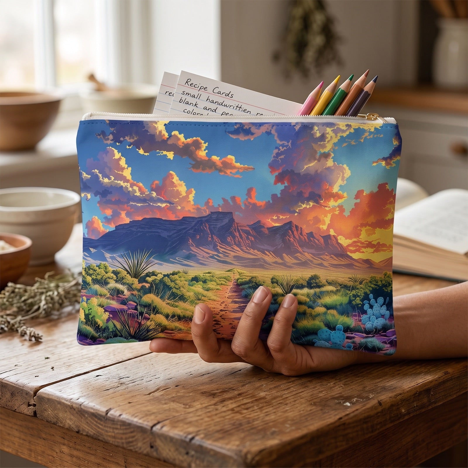 Large Desert Dusk Journey accessory pouch (11.81 × 8.35 inches) in use: woman stores handwritten-size blank recipe cards and colored pencils inside pouch. Lifestyle mockup with hands showing scale.