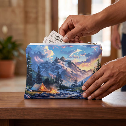 Small Mountain Creekside Campfire accessory pouch (8.35 × 5.98 inches) in use: woman tucks small theater tickets into pouch just before stepping outside. Lifestyle mockup with hands showing scale.