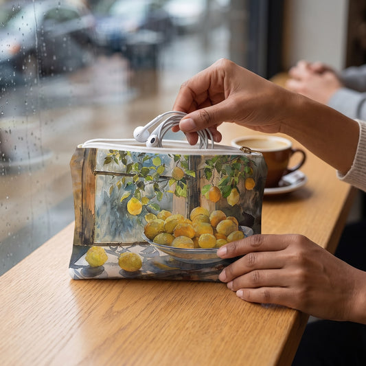 Small Morning Light on Lemons accessory pouch (8.35 × 5.98 inches) in use: woman tucks earbuds and a tiny cable into pouch, a ceramic espresso cup softly behind. Lifestyle mockup with hands showing scale.