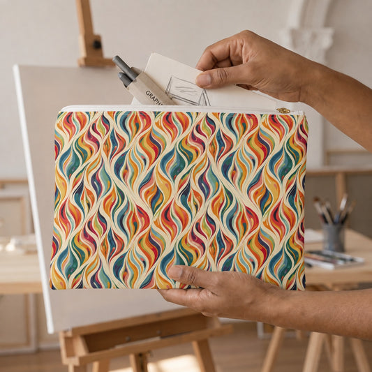 Large Modern Art Flames accessory pouch (11.81 × 8.35 inches) in use: hands pack graphite sticks in paper sleeves and a small sketch pad into pouch. Lifestyle mockup with hands showing scale.