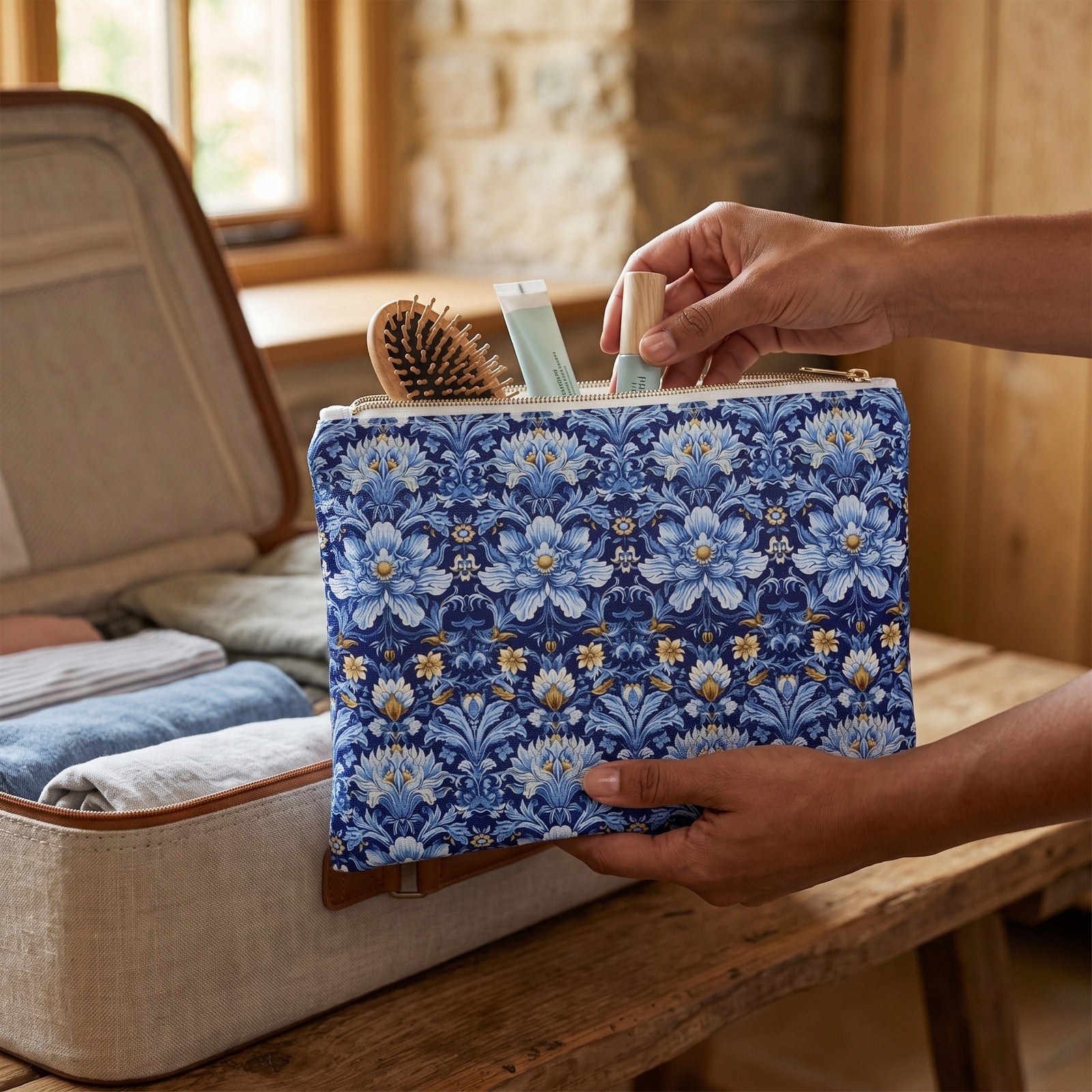 Large British Heritage Floral accessory pouch (11.81 × 8.35 inches) in use: woman places a hairbrush and two slim toiletry tubes in the pouch beside a partly packed linen-lined suitcase. Lifestyle mockup with hands showing scale.