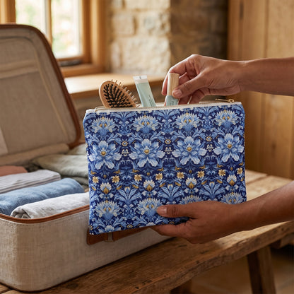 Large British Heritage Floral accessory pouch (11.81 × 8.35 inches) in use: woman places a hairbrush and two slim toiletry tubes in the pouch beside a partly packed linen-lined suitcase. Lifestyle mockup with hands showing scale.