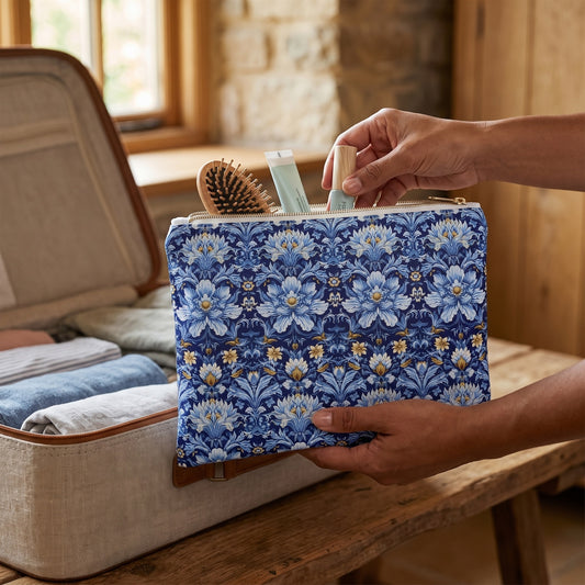 Large British Heritage Floral accessory pouch (11.81 × 8.35 inches) in use: woman places a hairbrush and two slim toiletry tubes in the pouch beside a partly packed linen-lined suitcase. Lifestyle mockup with hands showing scale.