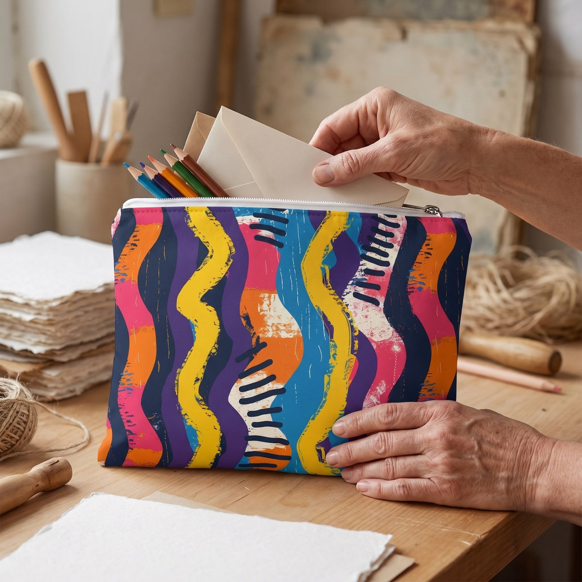 Large Waveform Vibes accessory pouch (11.81 × 8.35 inches) in use: woman sorts plain envelopes and short colored pencils into pouch. Lifestyle mockup with hands showing scale.