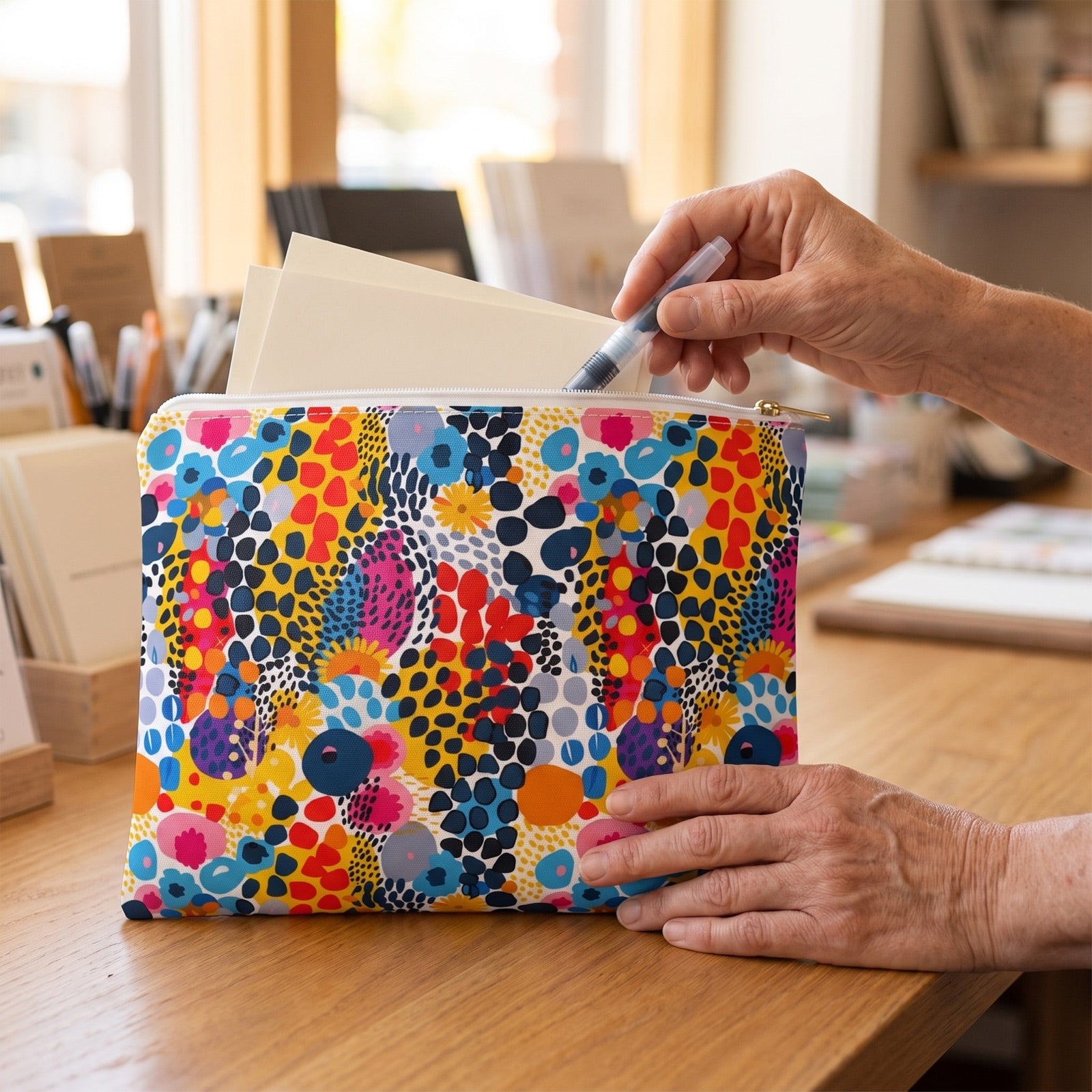 Large ColorSplash Pop accessory pouch (11.81 × 8.35 inches) in use: woman chooses a brush pen from pouch with blank cards softly behind. Lifestyle mockup with hands showing scale.