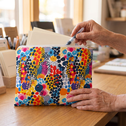 Large ColorSplash Pop accessory pouch (11.81 × 8.35 inches) in use: woman chooses a brush pen from pouch with blank cards softly behind. Lifestyle mockup with hands showing scale.