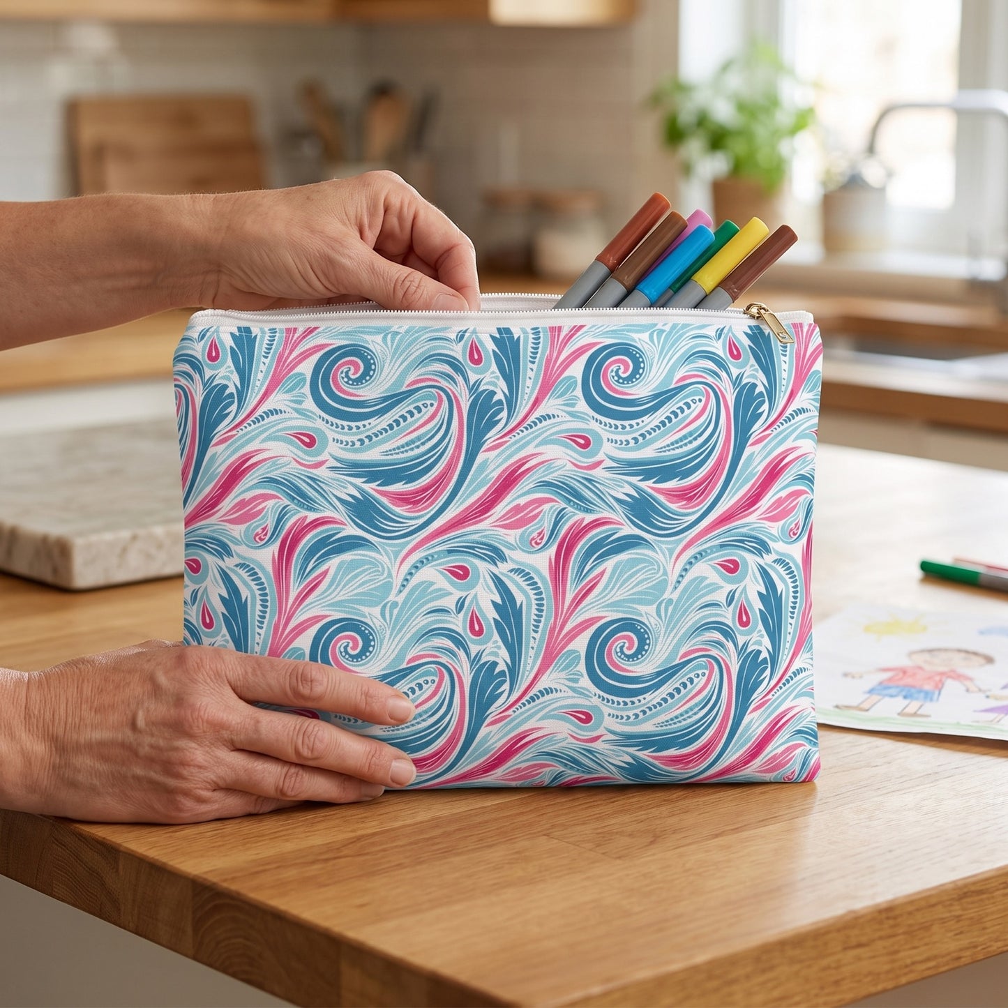 Large Teal Tide Twirl accessory pouch (11.81 × 8.35 inches) in use: parent's hands arrange colored markers into pouch beside a child’s drawing. Lifestyle mockup with hands showing scale.