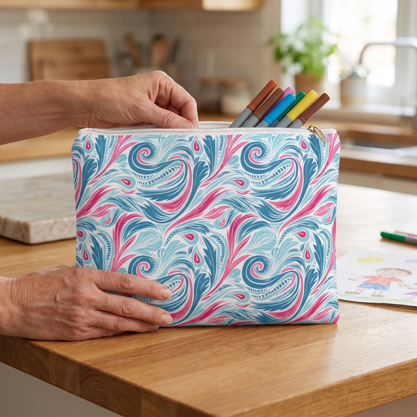 Large Teal Tide Twirl accessory pouch (11.81 × 8.35 inches) in use: parent's hands arrange colored markers into pouch beside a child’s drawing. Lifestyle mockup with hands showing scale.