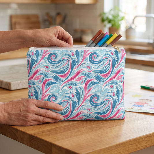 Large Teal Tide Twirl accessory pouch (11.81 × 8.35 inches) in use: parent's hands arrange colored markers into pouch beside a child’s drawing. Lifestyle mockup with hands showing scale.
