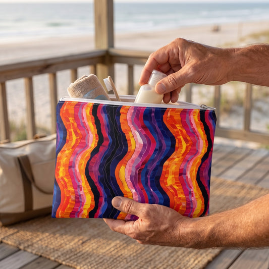 Large Desert Sunset Waves accessory pouch (11.81 × 8.35 inches) in use: man packs small travel toiletries in pouch before placing it in a canvas overnight case. Lifestyle mockup with hands showing scale.