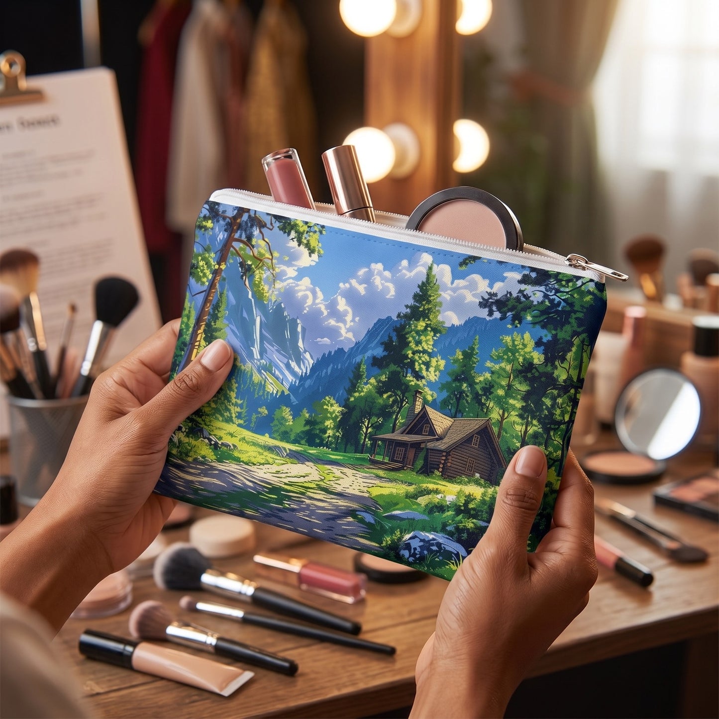 Small Dreams of a High Mountain Log Cabin accessory pouch (8.35 × 5.98 inches) in use: performer packs lipstick and a tiny powder compact, fingers holding the lower pouch edge. Lifestyle mockup with hands showing scale.