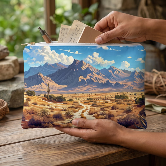 Large Southwest Desert Dreamscape accessory pouch (11.81 × 8.35 inches) in use: woman packs a pen, folded letters and a small notebook into pouch. Lifestyle mockup with hands showing scale.