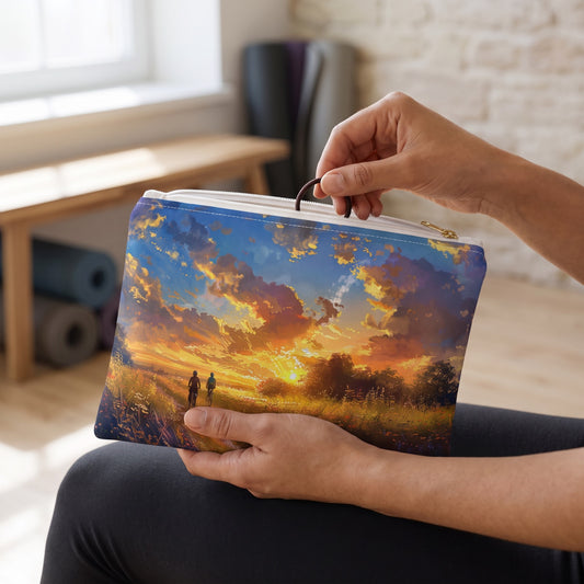 Small Golden Sunset Ride accessory pouch (8.35 × 5.98 inches) in use: woman retrieves a hair tie from pouch resting on her linen-clad lap. Lifestyle mockup with hands showing scale.