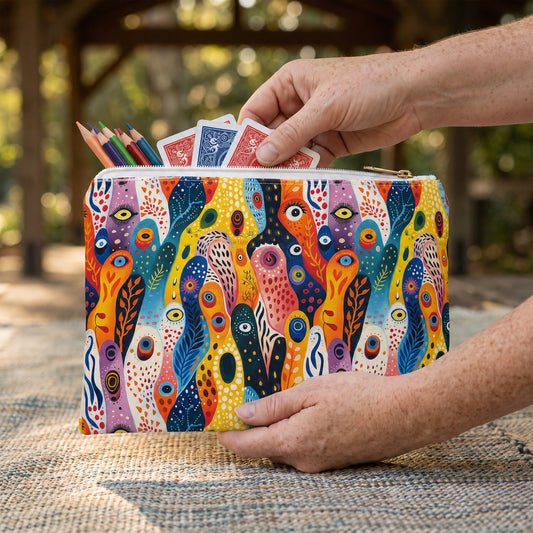 Large Whimsical Wavy Wonders accessory pouch (11.81 × 8.35 inches) in use: parent packs small playing-card packs and travel pencils into pouch for family games. Lifestyle mockup with hands showing scale.