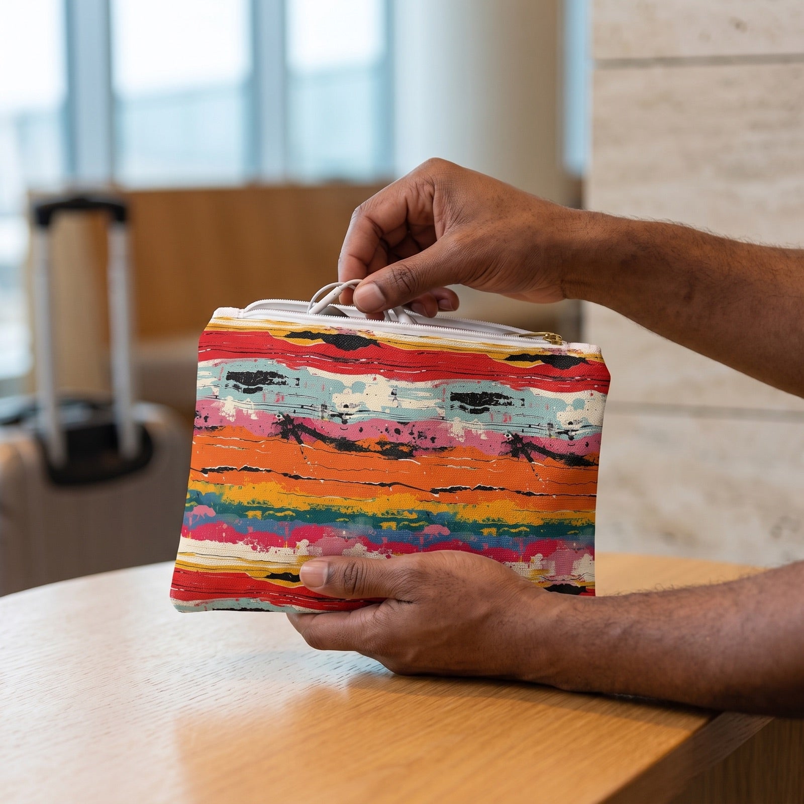 Small Rustic Weave accessory pouch (8.35 × 5.98 inches) in use: traveler retrieves earbuds from pouch on his palm, suitcase blurred behind. Lifestyle mockup with hands showing scale.