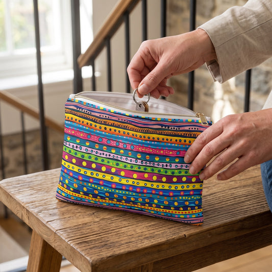 Small Pop Dot Parade accessory pouch (8.35 × 5.98 inches) in use: woman tucks a keyring into pouch just before leaving, linen blazer sleeve visible. Lifestyle mockup with hands showing scale.