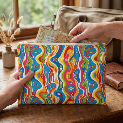Large Melting Mirage accessory pouch (11.81 × 8.35 inches) in use: traveler puts folded maps and paper tickets into pouch beside an overnight bag. Lifestyle mockup with hands showing scale.