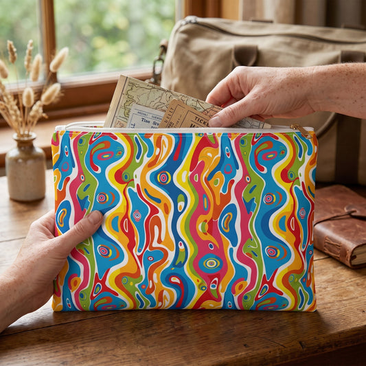 Large Melting Mirage accessory pouch (11.81 × 8.35 inches) in use: traveler puts folded maps and paper tickets into pouch beside an overnight bag. Lifestyle mockup with hands showing scale.