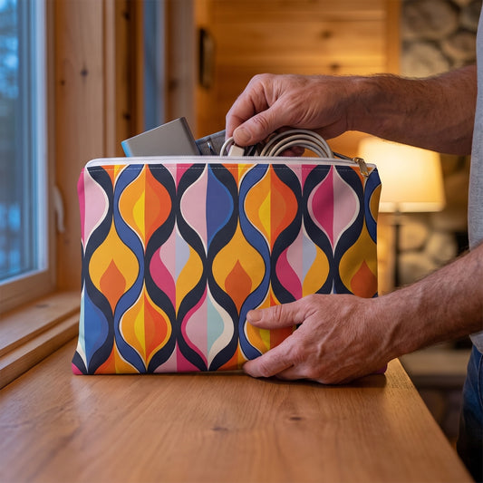 Large Lattice Dreams accessory pouch (11.81 × 8.35 inches) in use: man places a slim power bank and neatly coiled cords in pouch. Lifestyle mockup with hands showing scale.