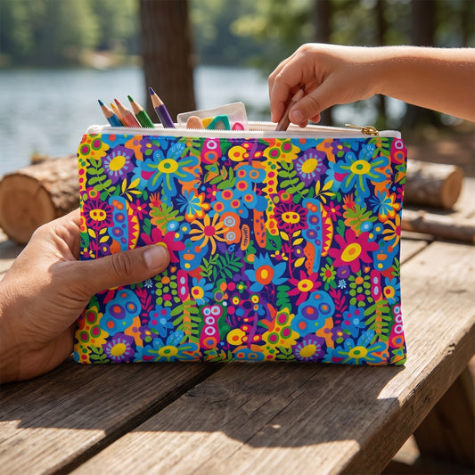 Large Groovy Garden accessory pouch (11.81 × 8.35 inches) in use: adult leader holds pouch while child selects a colored pencil; keep adult hand beside pouch for scale. Lifestyle mockup with hands showing scale.