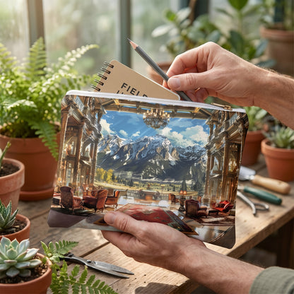 Large Rocky Mountain Retreat accessory pouch (11.81 × 8.35 inches) in use: botanical illustrator chooses a graphite pencil from pouch beside a small field notebook. Lifestyle mockup with hands showing scale.