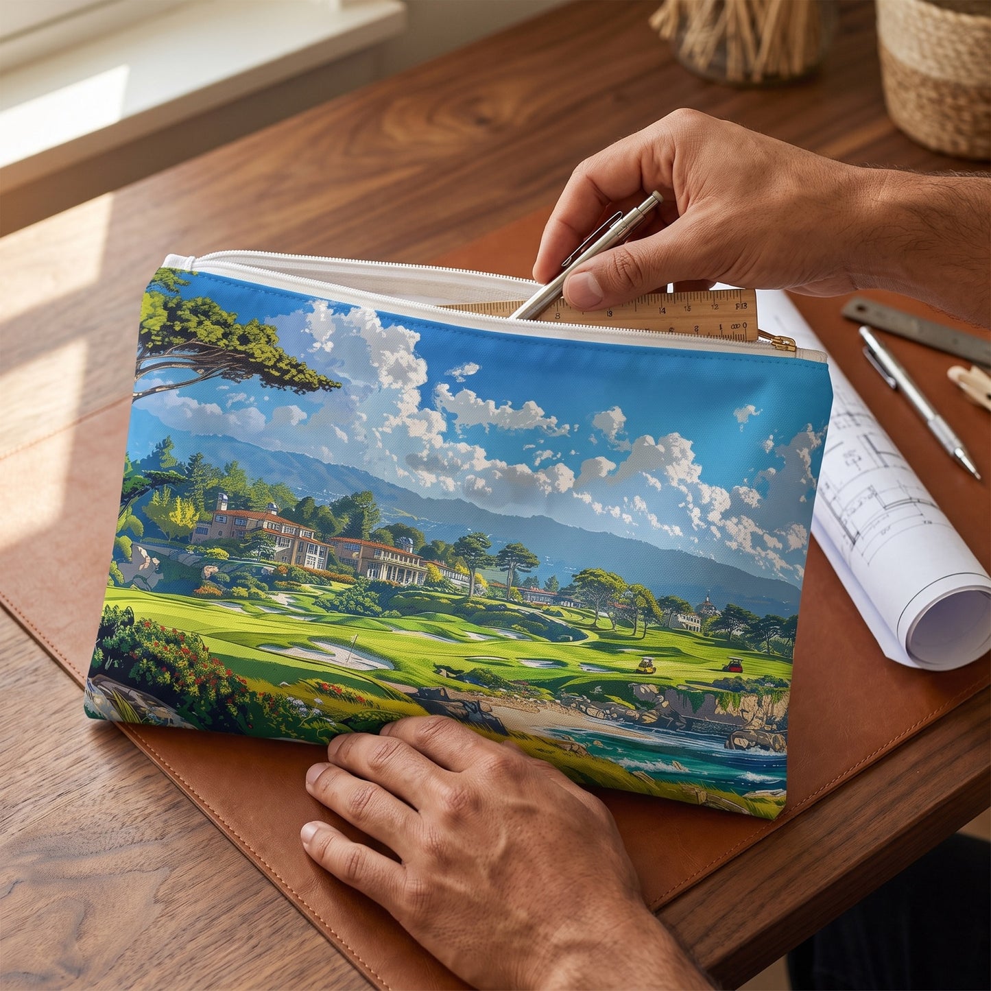 Large Cypress Shores Retreat accessory pouch (11.81 × 8.35 inches) in use: man retrieves a mechanical pencil and slim ruler from pouch beside rolled plans with no legible lettering. Lifestyle mockup with hands showing scale.