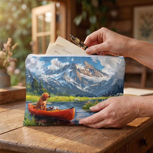 Large Paddling Pup Paradise accessory pouch (11.81 × 8.35 inches) in use: woman organizes fountain pen and folded correspondence into pouch. Lifestyle mockup with hands showing scale.