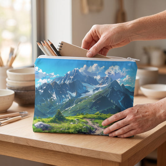 Large Mountain Hiker's Paradise accessory pouch (11.81 × 8.35 inches) in use: artist packs clean drawing pencils and a pocket notebook into pouch, no clay stains on product. Lifestyle mockup with hands showing scale.