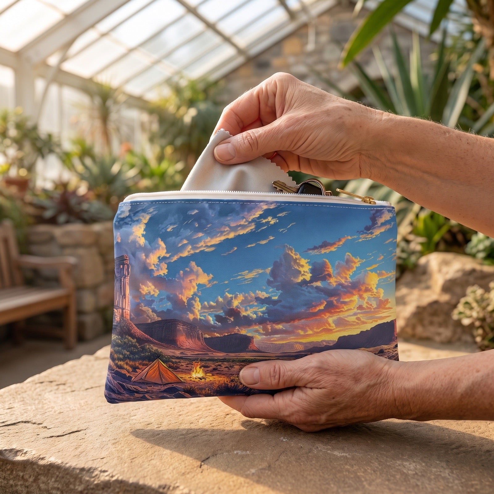 Small Desert Sunset Serenade accessory pouch (8.35 × 5.98 inches) in use: woman removes a lens cloth from pouch held close to her lap. Lifestyle mockup with hands showing scale.