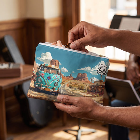 Small Route 66 Adventure accessory pouch (8.35 × 5.98 inches) in use: musician packs earplugs and a tuning pick into pouch beside an out-of-focus guitar case. Lifestyle mockup with hands showing scale.