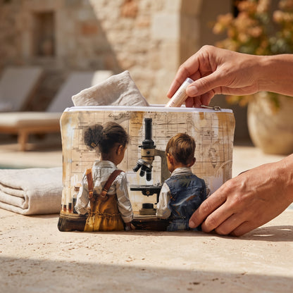 Small Young Scientific Explorers accessory pouch (8.35 × 5.98 inches) in use: woman tucks a slim tube of lip protection into pouch beside folded towel. Lifestyle mockup with hands showing scale.