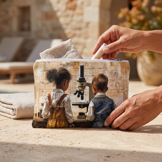 Small Young Scientific Explorers accessory pouch (8.35 × 5.98 inches) in use: woman tucks a slim tube of lip protection into pouch beside folded towel. Lifestyle mockup with hands showing scale.