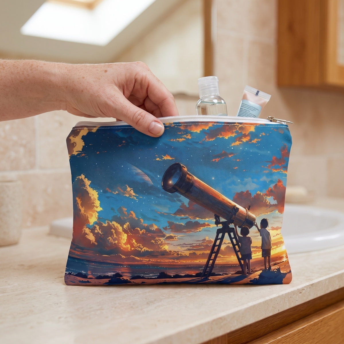 Large Cosmic Curiosity accessory pouch (11.81 × 8.35 inches) in use: woman packs two travel-size toiletries while supporting the pouch by its side seam. Lifestyle mockup with hands showing scale.