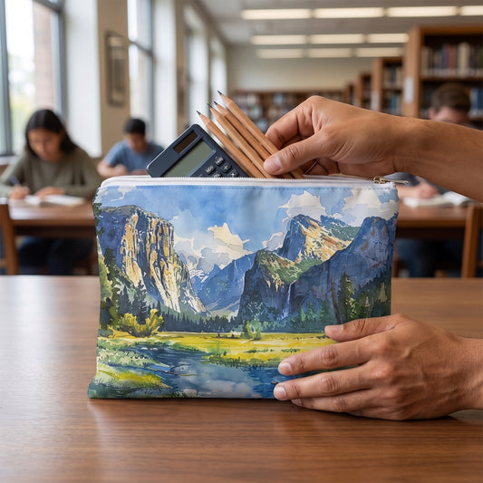 Large Yosemite Valley Vista accessory pouch (11.81 × 8.35 inches) in use: adult student gathers pencils and a small calculator into pouch. Lifestyle mockup with hands showing scale.