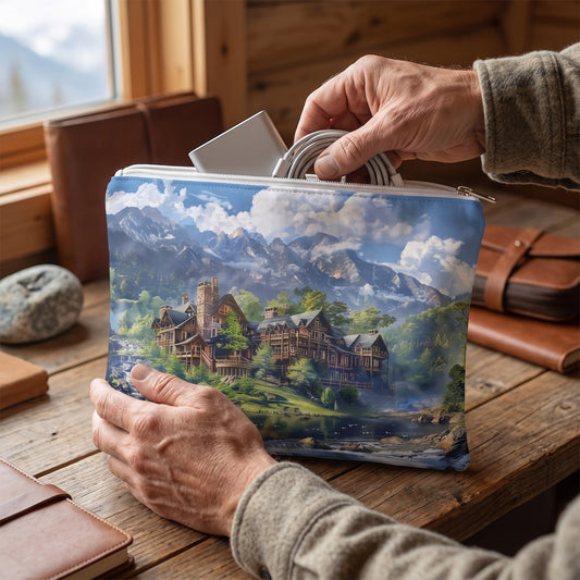 Large Grand Mountain Lodge accessory pouch (11.81 × 8.35 inches) in use: man packs charging cord and slim power bank before a hike, wool overshirt sleeve in frame. Lifestyle mockup with hands showing scale.