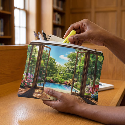 Small Garden View Retreat accessory pouch (8.35 × 5.98 inches) in use: student selects a highlighter from a pouch held open beside a notebook. Lifestyle mockup with hands showing scale.