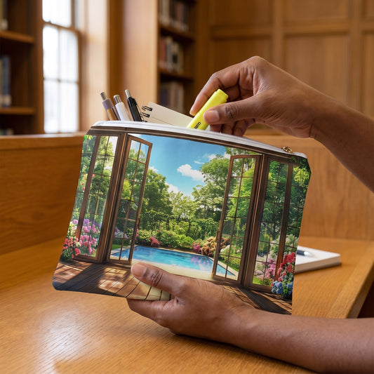 Small Garden View Retreat accessory pouch (8.35 × 5.98 inches) in use: student selects a highlighter from a pouch held open beside a notebook. Lifestyle mockup with hands showing scale.