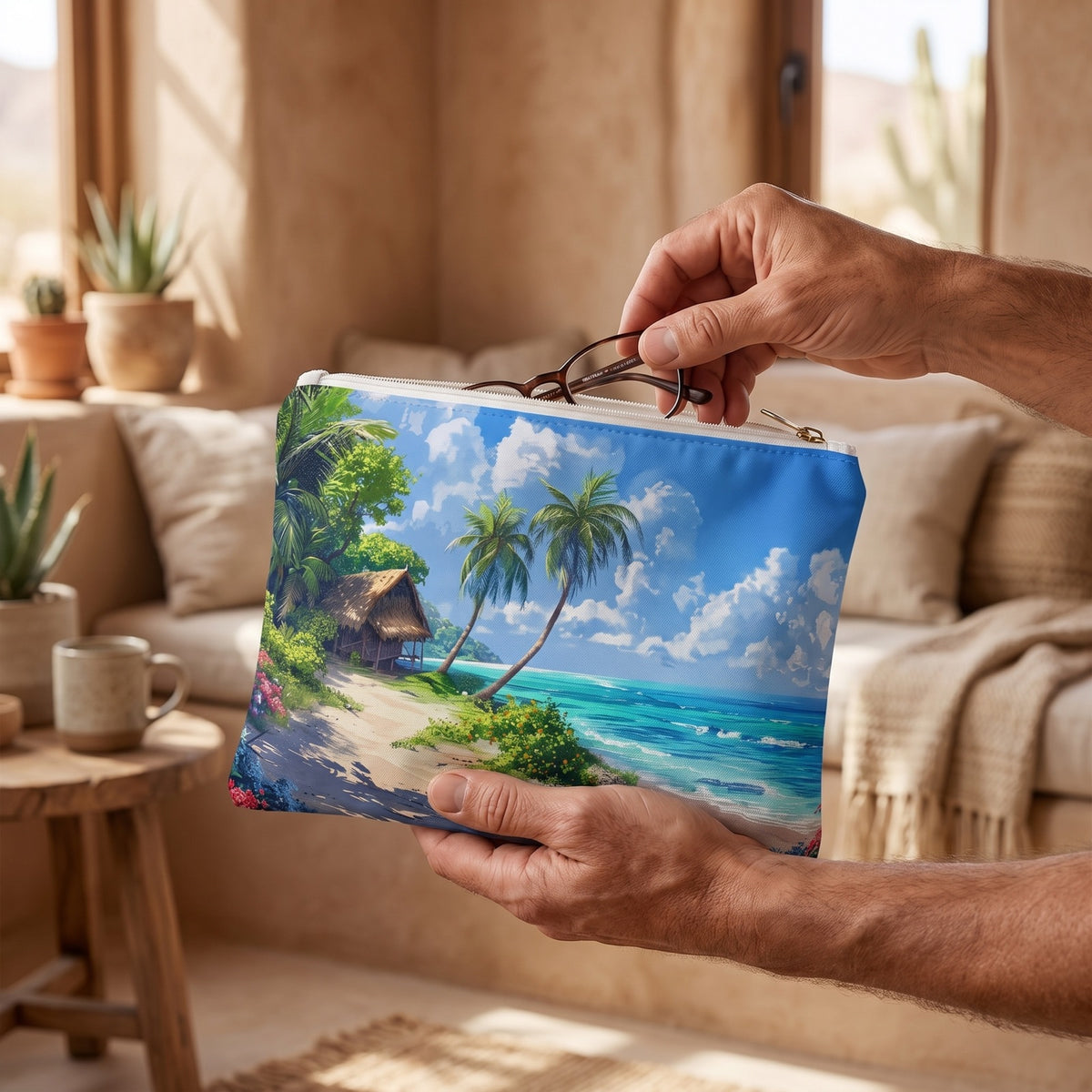 Small Dreams of a Tropical Island accessory pouch (8.35 × 5.98 inches) in use: man takes reading glasses from pouch held in one hand. Lifestyle mockup with hands showing scale.