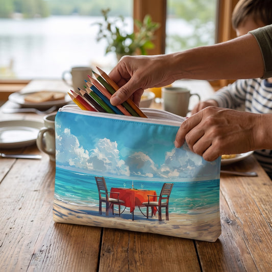 Large Beachside Dinner Delight accessory pouch (11.81 × 8.35 inches) in use: parent's hands pack colored pencils for a child's nature journal, child's sleeve softly in background. Lifestyle mockup with hands showing scale.