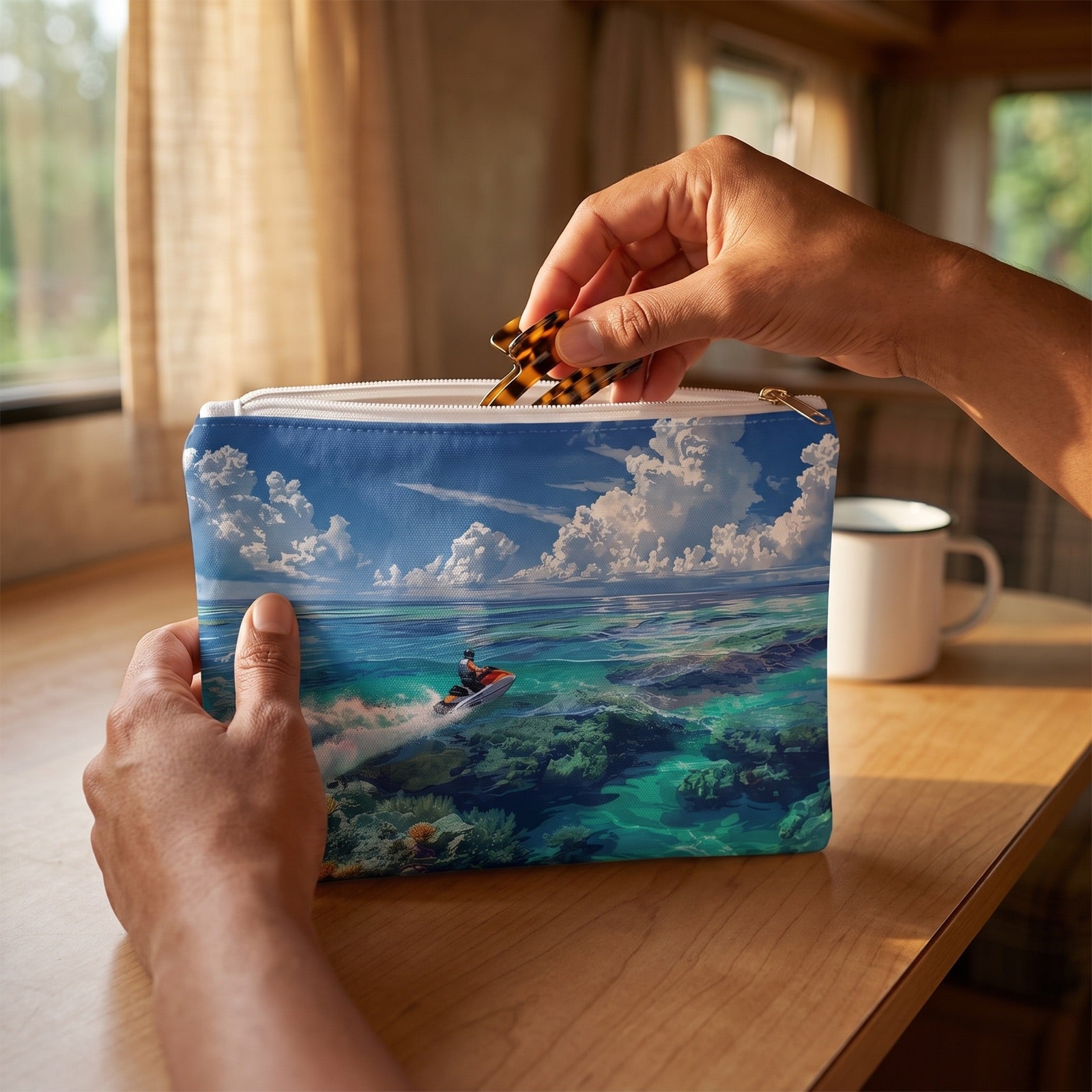 Small Jet Ski Tropical Paradise accessory pouch (8.35 × 5.98 inches) in use: woman retrieves a hair clip from pouch, simple enamel cup blurred. Lifestyle mockup with hands showing scale.