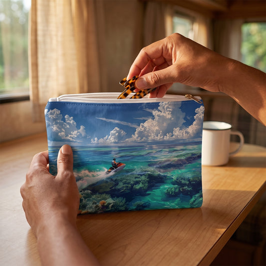 Small Jet Ski Tropical Paradise accessory pouch (8.35 × 5.98 inches) in use: woman retrieves a hair clip from pouch, simple enamel cup blurred. Lifestyle mockup with hands showing scale.