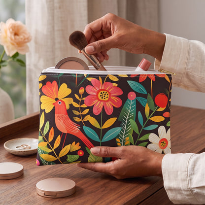 Small Blooming Bird Wonderland accessory pouch, 8.35 × 5.98 inches, being packed with makeup at a walnut dressing table; hands show scale.