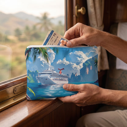 Small Caribbean Cruise Bliss accessory pouch (8.35 × 5.98 inches) in use: traveler rests the pouch on a palm and slips in a folded ticket wallet and earplugs. Lifestyle mockup with hands showing scale.